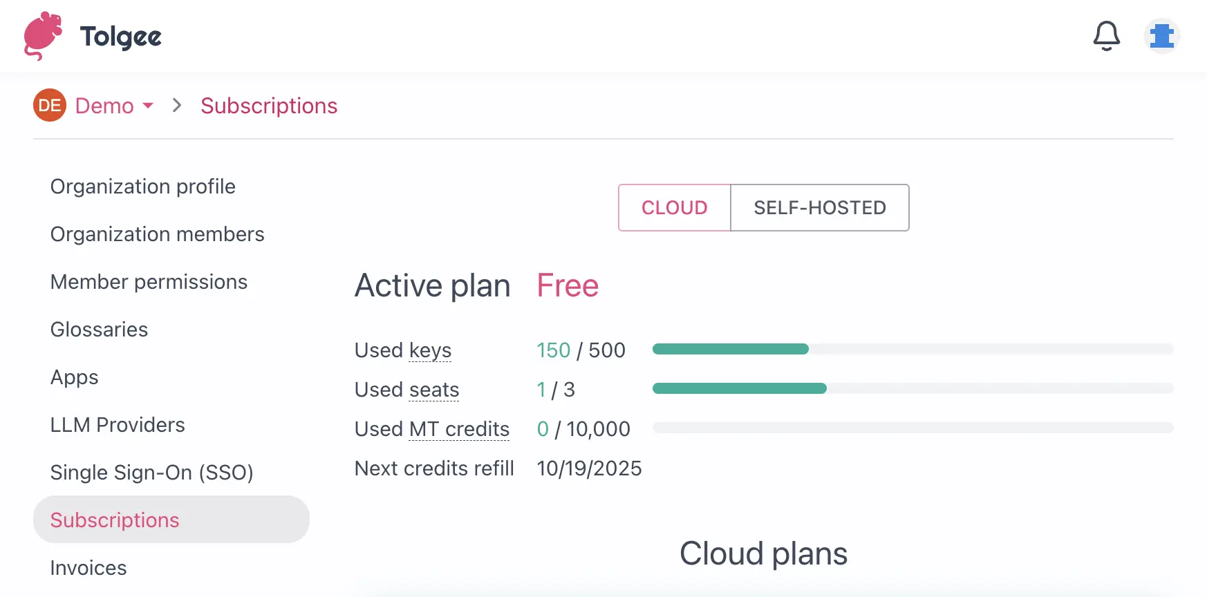 Tolgee subscriptions