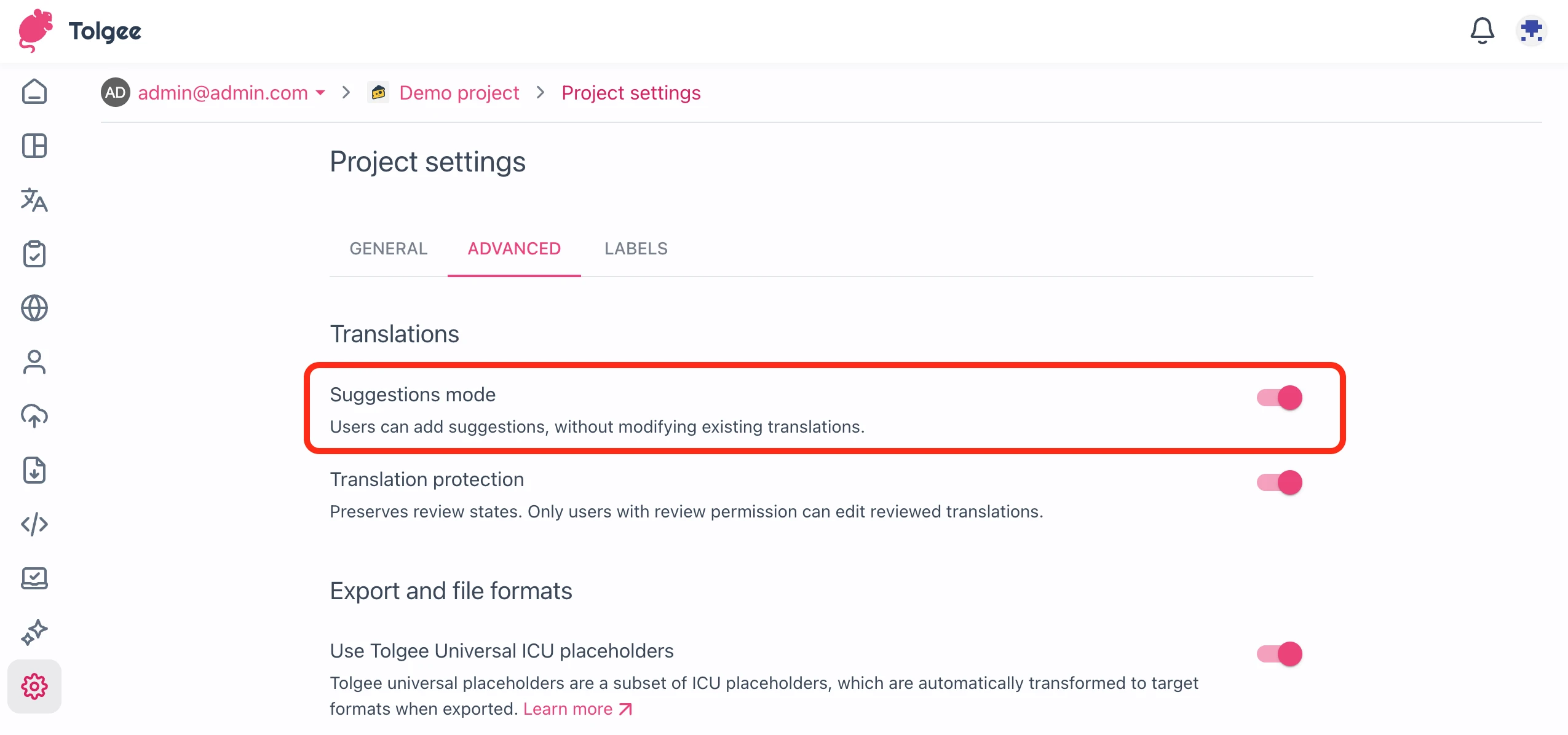 Project settings > Advanced > Suggestions mode